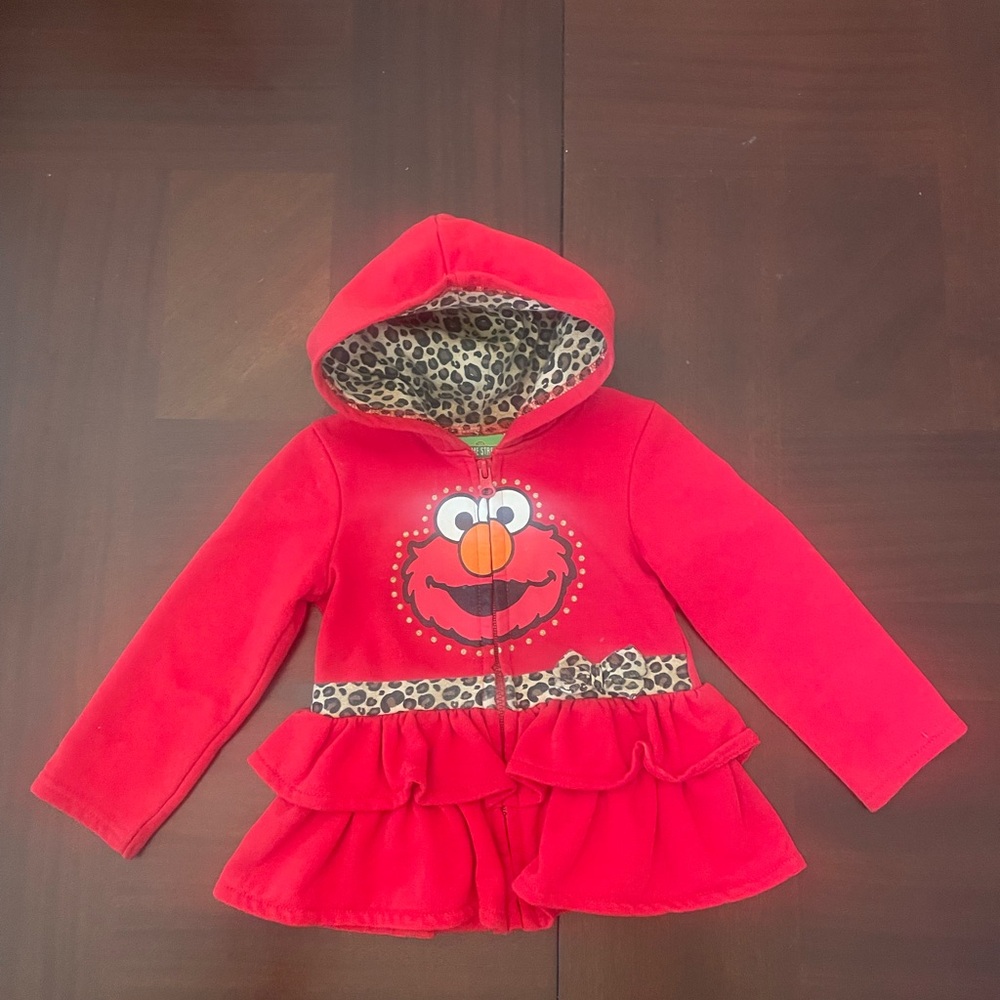 Sesame Street Red Elmo zip-up hoodie with Leopard lining and ruffle accents
